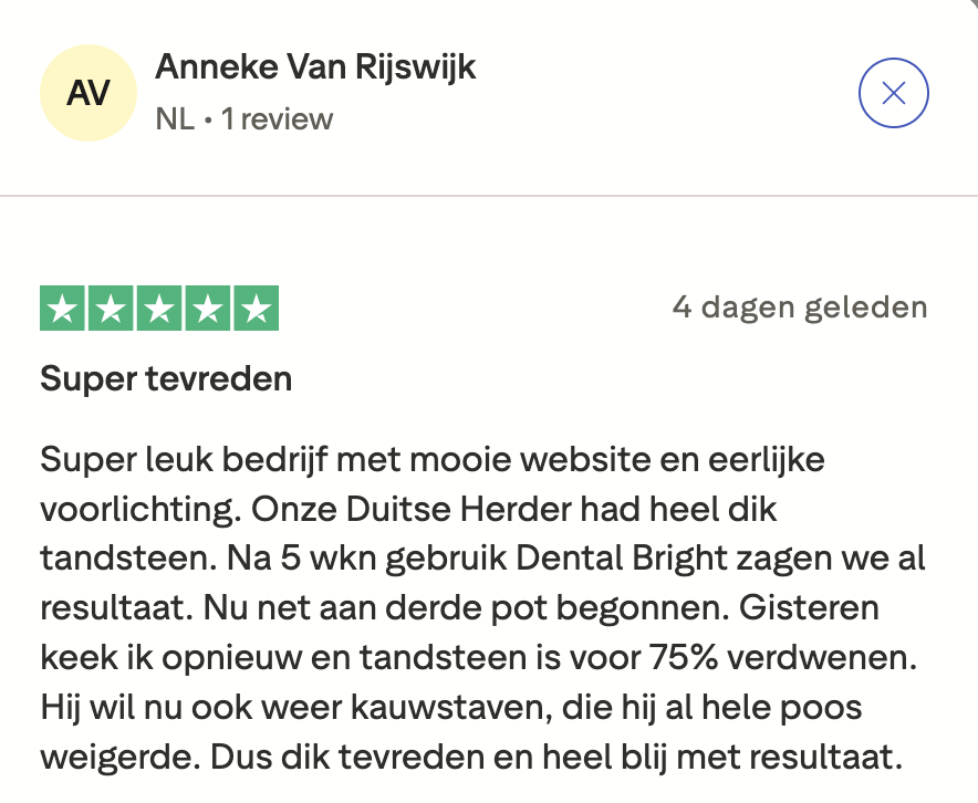 A screenshot of a 5-star customer review in Dutch by Anneke Van Rijswijk titled 'Super tevreden'.