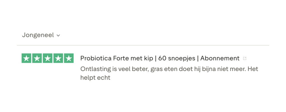 Product review with five-star rating and text in Dutch.