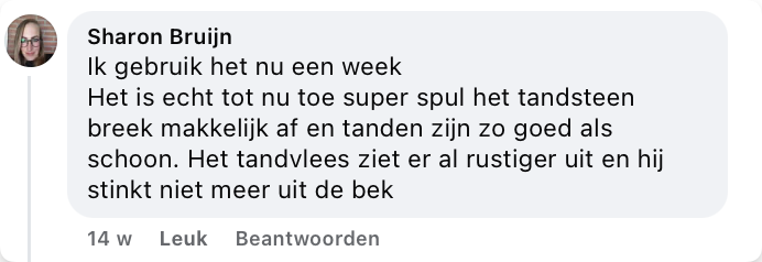 A social media testimonial in Dutch from a user named Sharon Bruijn.