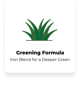 Illustration of green grass with text 'Greening Formula: Iron Blend for a Deeper Green.'