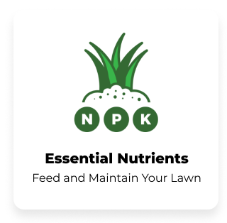Illustration of grass with NPK letters, labeled 'Essential Nutrients: Feed and Maintain Your Lawn.'