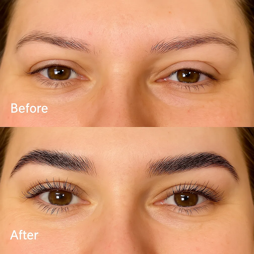 Before and after comparison of eyebrow enhancement.