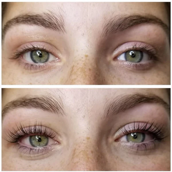 Close-up of eyes before and after eyelash enhancement.