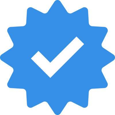 Blue checkmark badge on a white background.