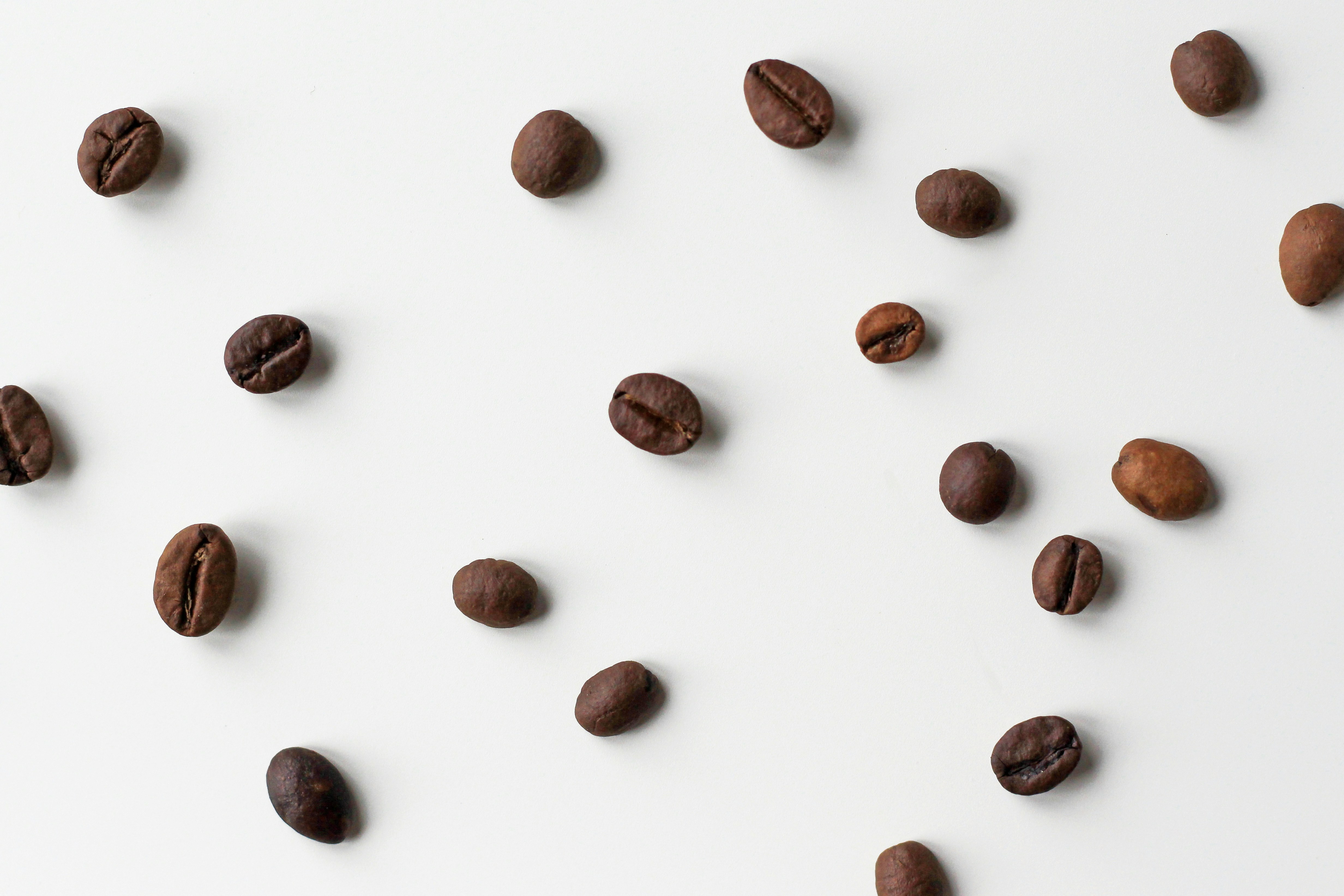 Scattered coffee beans on a white background.