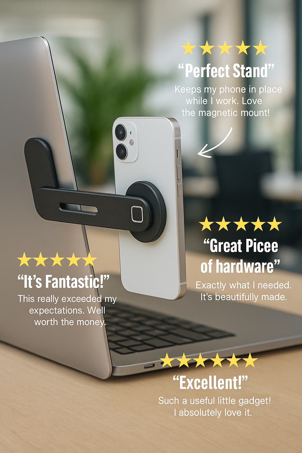 Phone mounted on a laptop with positive reviews and star ratings displayed.