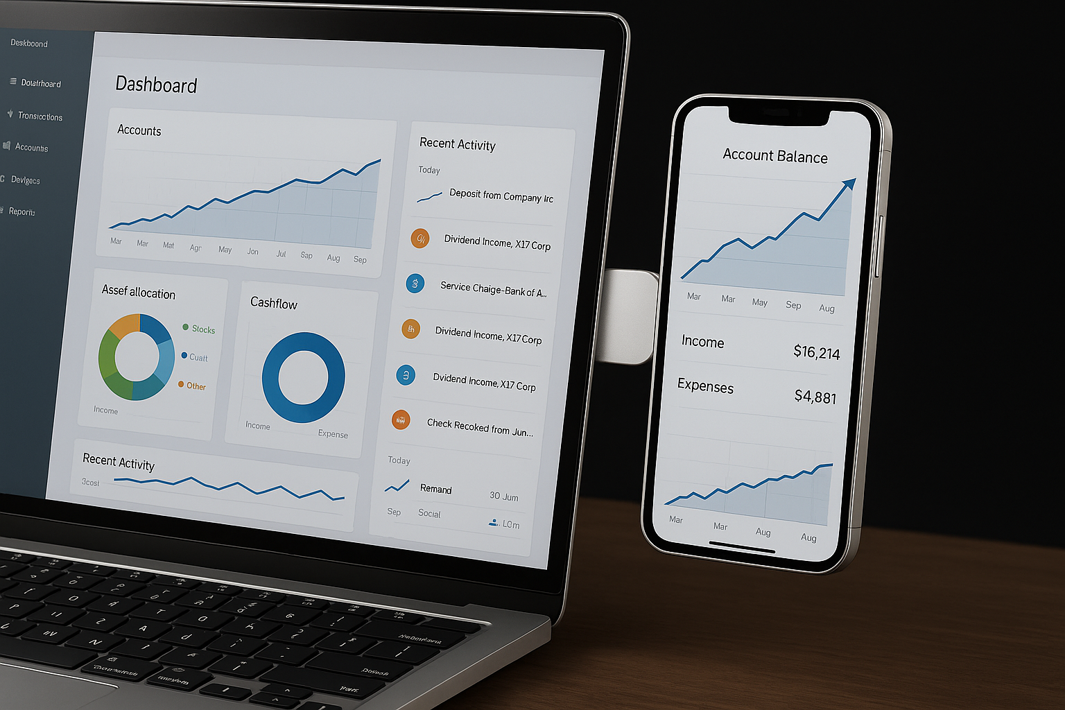 Laptop and smartphone displaying financial dashboard with graphs and charts.