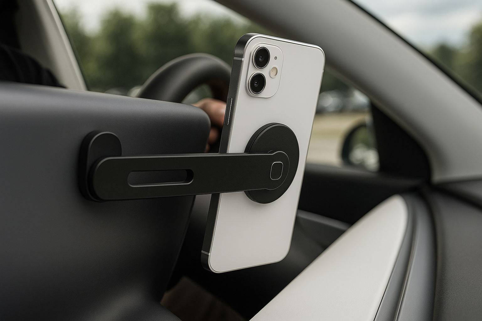 Smartphone mounted on a car dashboard with a magnetic holder.