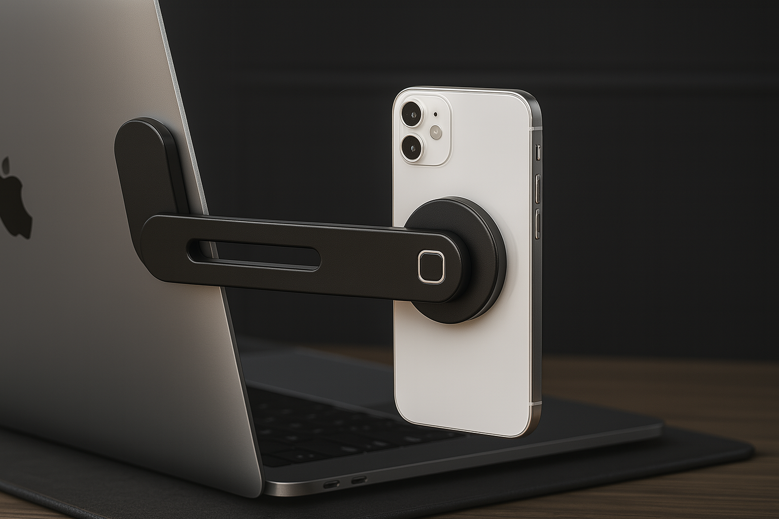 Smartphone mounted on a laptop with a magnetic holder.