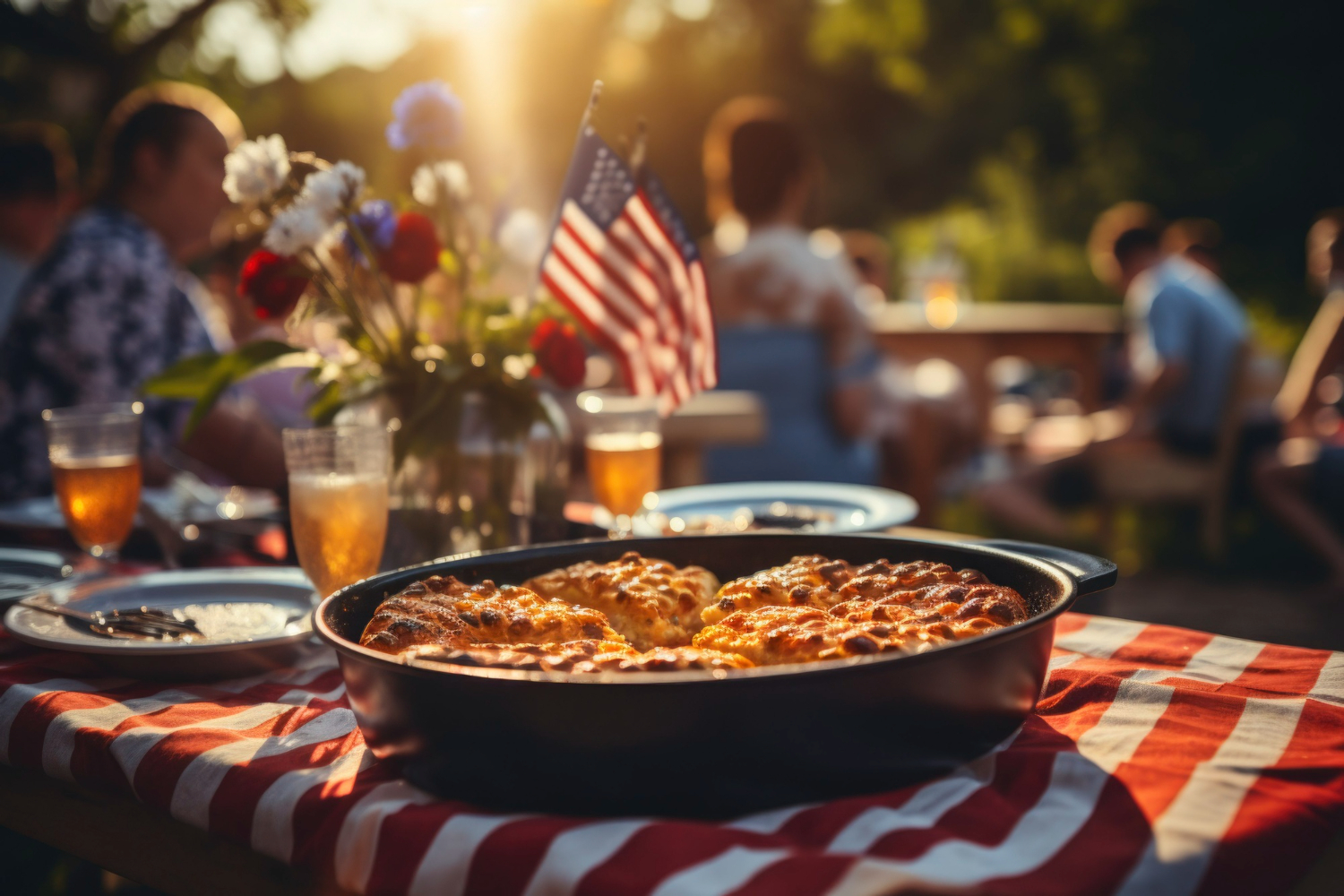 A baked dish on a red and white striped tablecloth at a sunny outdoor patriotic gathering.