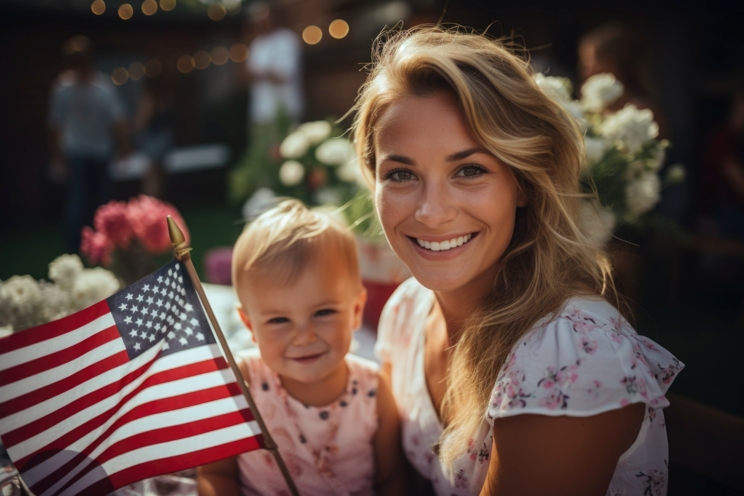 A smiling woman and a young child sit together holding a small American flag outdoors.