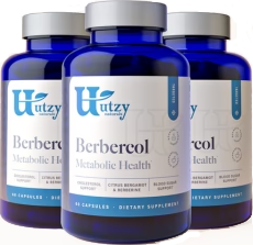 Three blue bottles of Utzy Naturals Berbercol Metabolic Health dietary supplement arranged in a cluster.