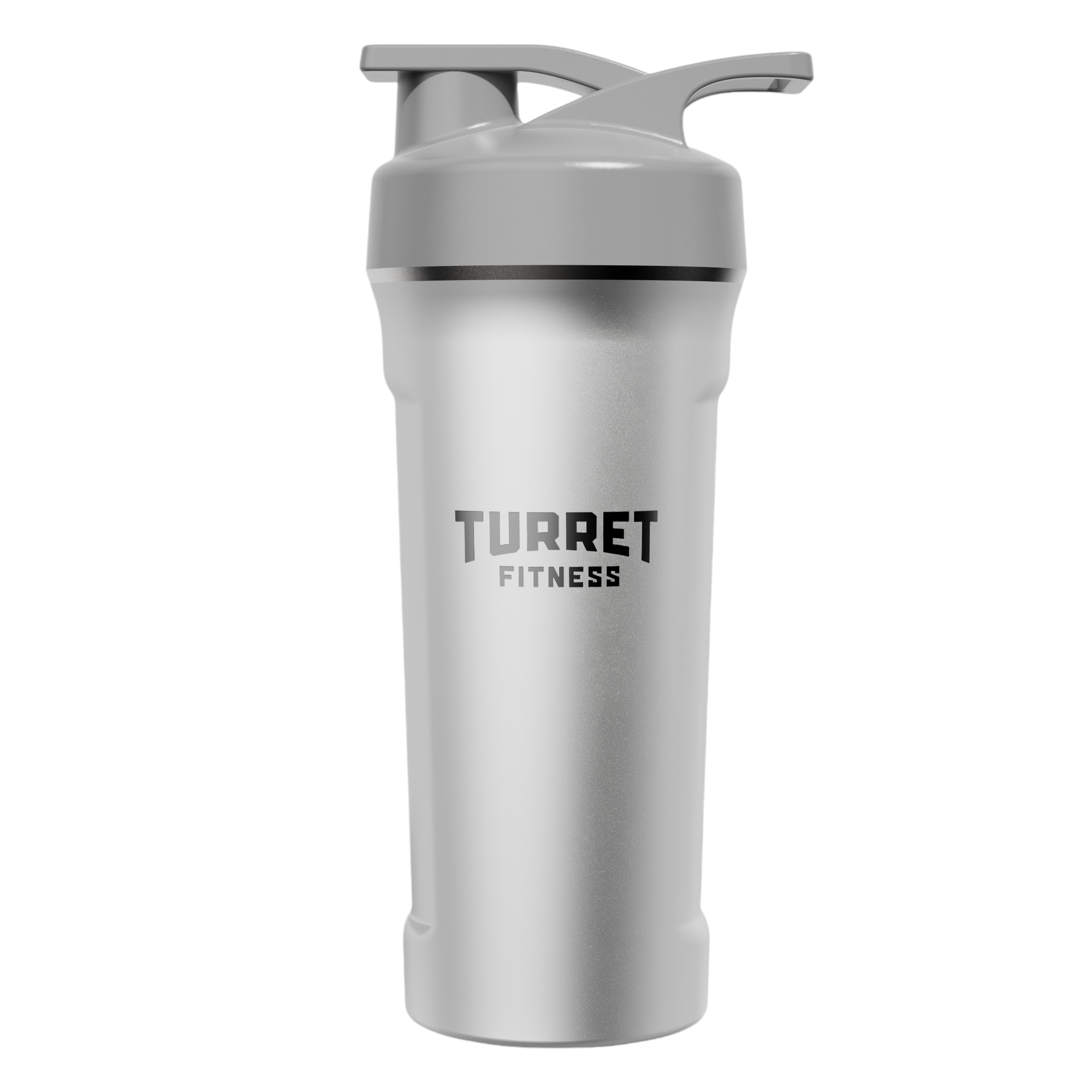 Silver shaker bottle with 'Turret Fitness' logo on it.