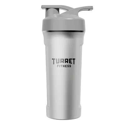 Silver shaker bottle with 'TURRET FITNESS' logo and a gray lid.
