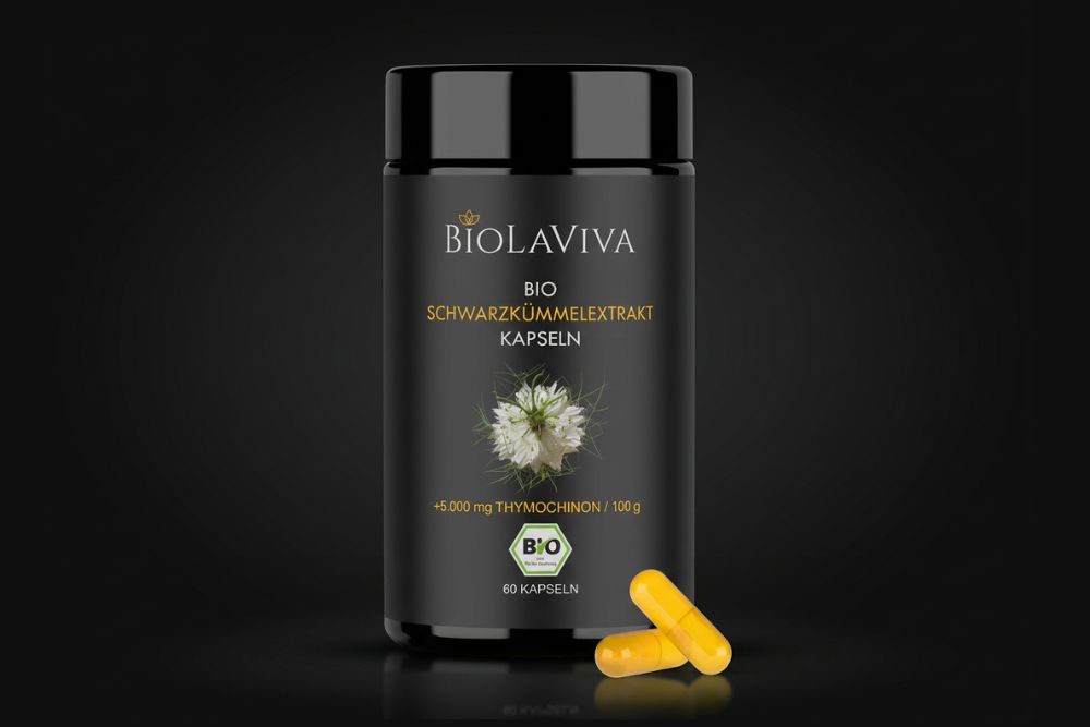 Schwarzkümmelöl Kapseln von Biolaviva mit 5 % Thymochinon – Bio Schwarzkümmel-Extrakt in Kapselform, hochdosiert, 60 Kapseln