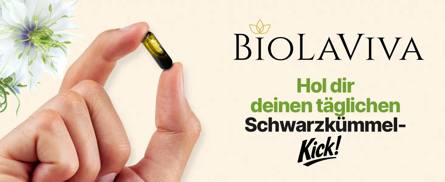 A hand holds up a yellow gel capsule, with a white flower and German text in the background.