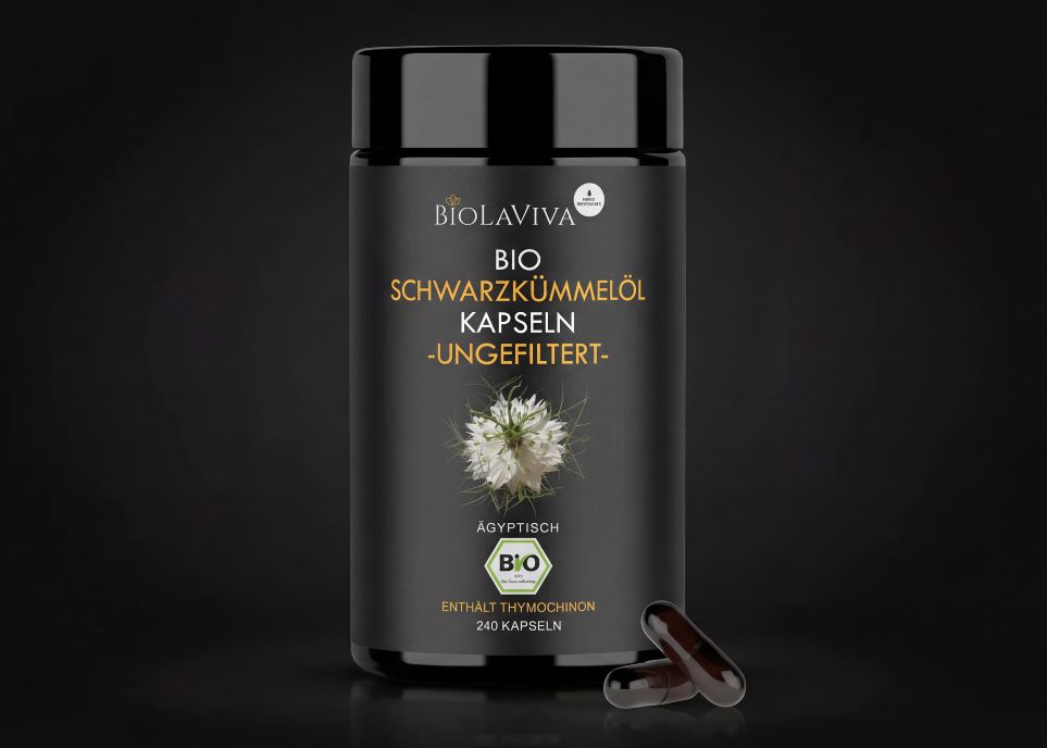 Bio Schwarzkümmelöl Kapseln ungefiltert von Biolaviva – ägyptischer Schwarzkümmel, enthält Thymochinon, 240 Kapseln
