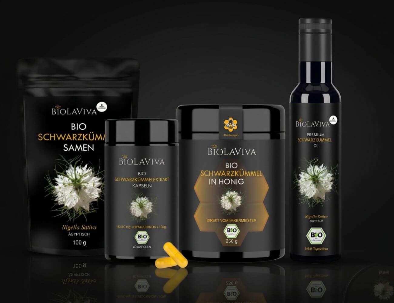 Biolaviva Schwarzkümmel Produkte – Öl, Kapseln, Samen und Honig