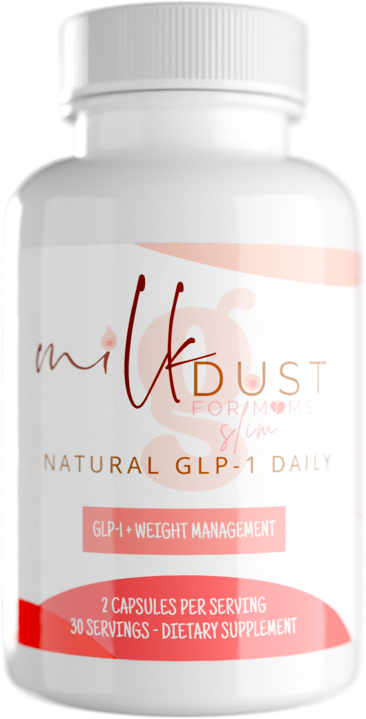 White bottle labeled 'Milk Dust for Moms Slim' dietary supplement.
