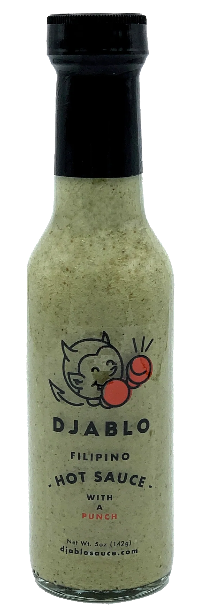 Bottle of Djablo Filipino hot sauce with a devil logo.