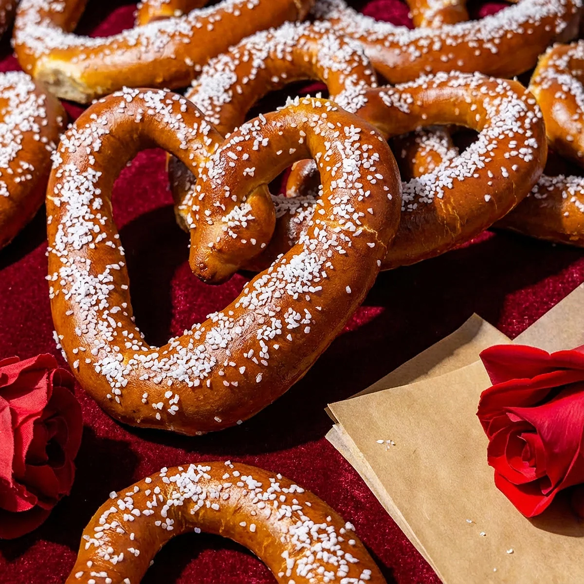 Heart-shaped soft pretzels topped with coarse salt are arranged on a red cloth with red roses.