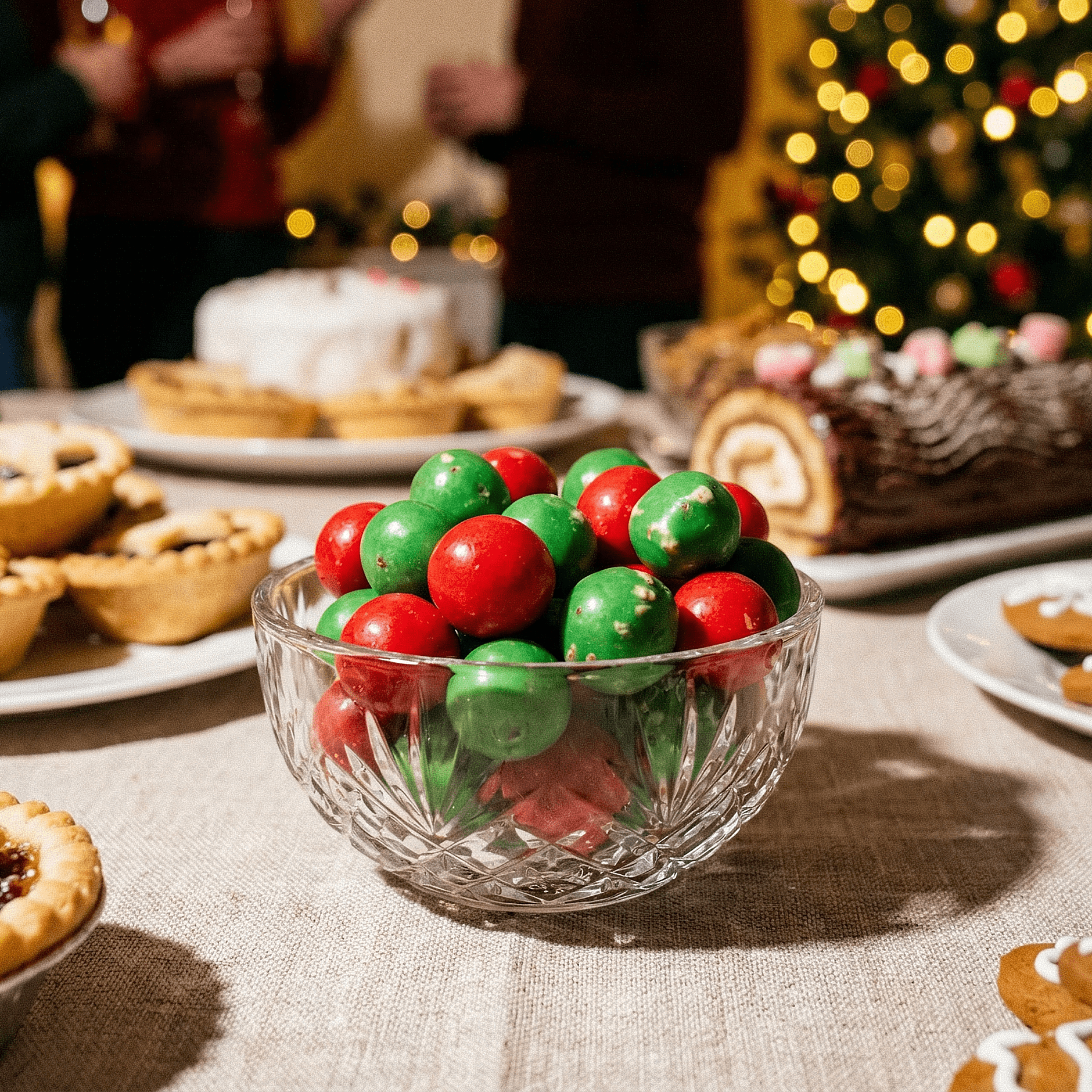 Glass bowl with red and green chocolates surrounded by festive desserts.