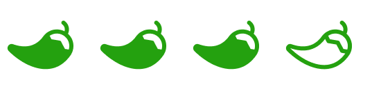 A spiciness rating icon of three filled green chili peppers and one outlined green chili pepper.