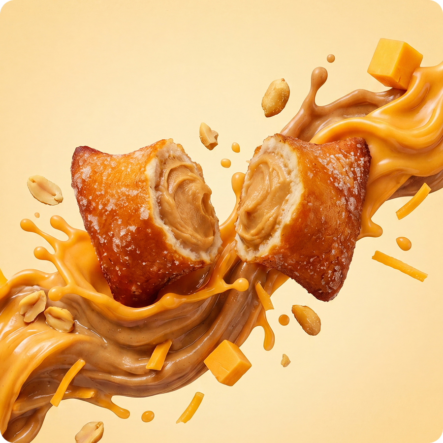 A fried pastry filled with peanut butter, split in half over a splash of caramel and peanuts.