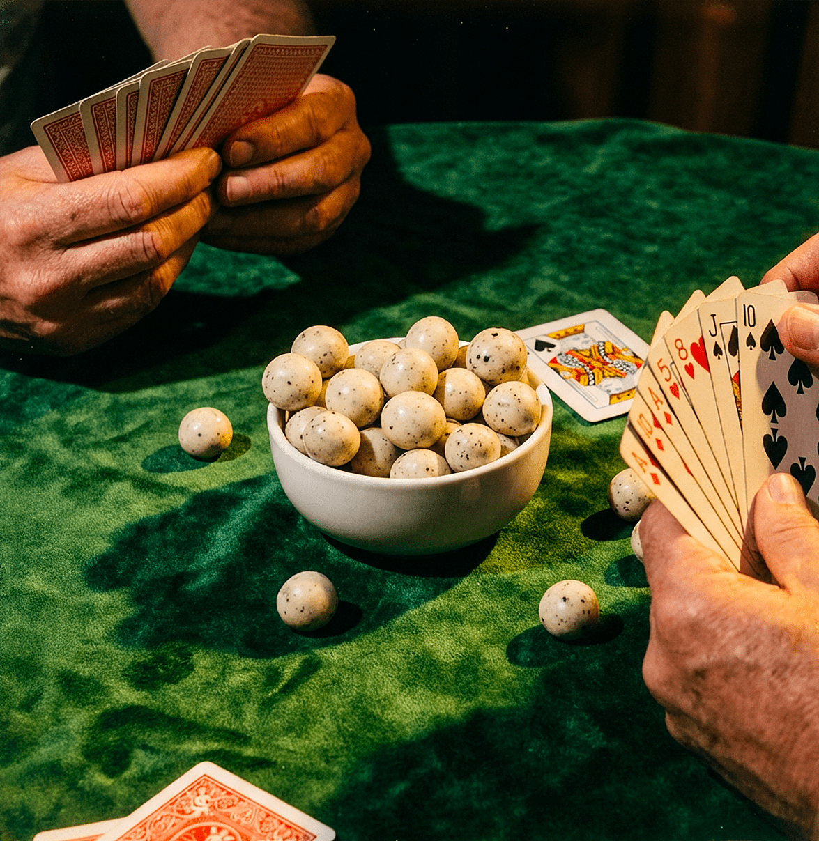 People playing cards at a table with a bowl of speckled candies.