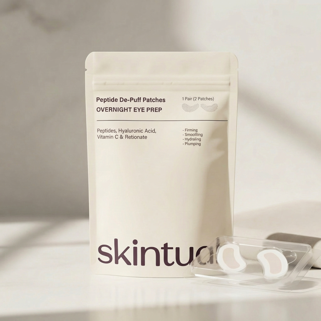 A pouch of Skintuals Peptide De-Puff Patches with a pair of eye patches in a tray.