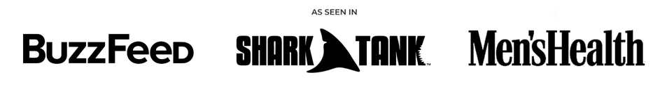 Logos of BuzzFeed, Shark Tank, and Men's Health in black and white.