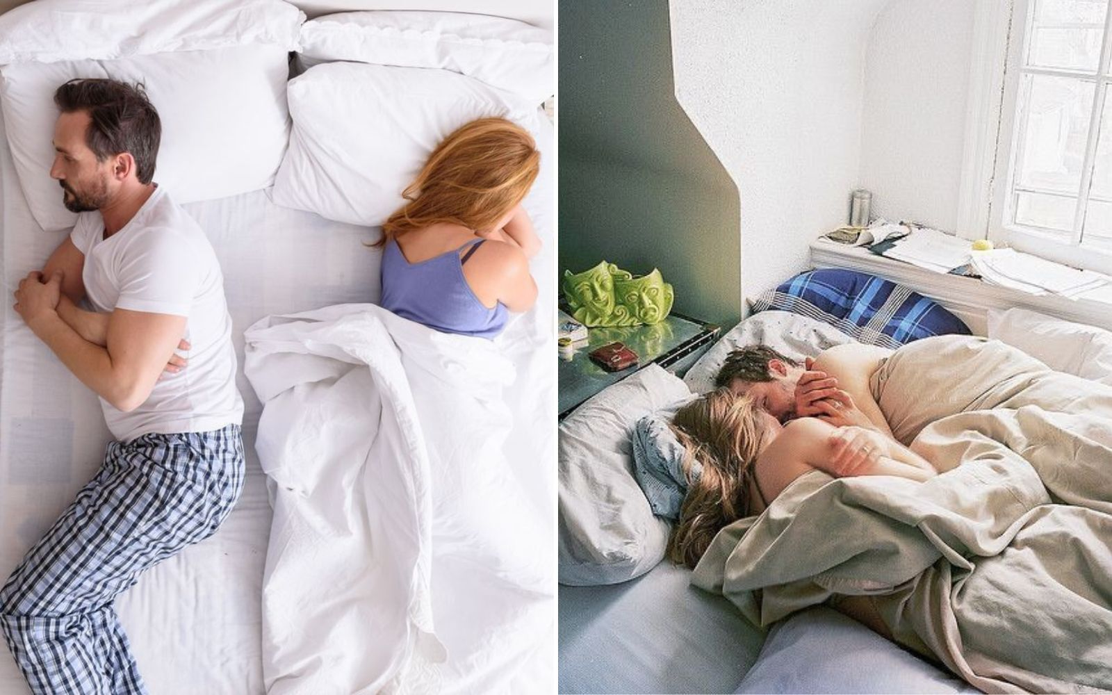Two images of couples in bed; one facing away, the other embracing.