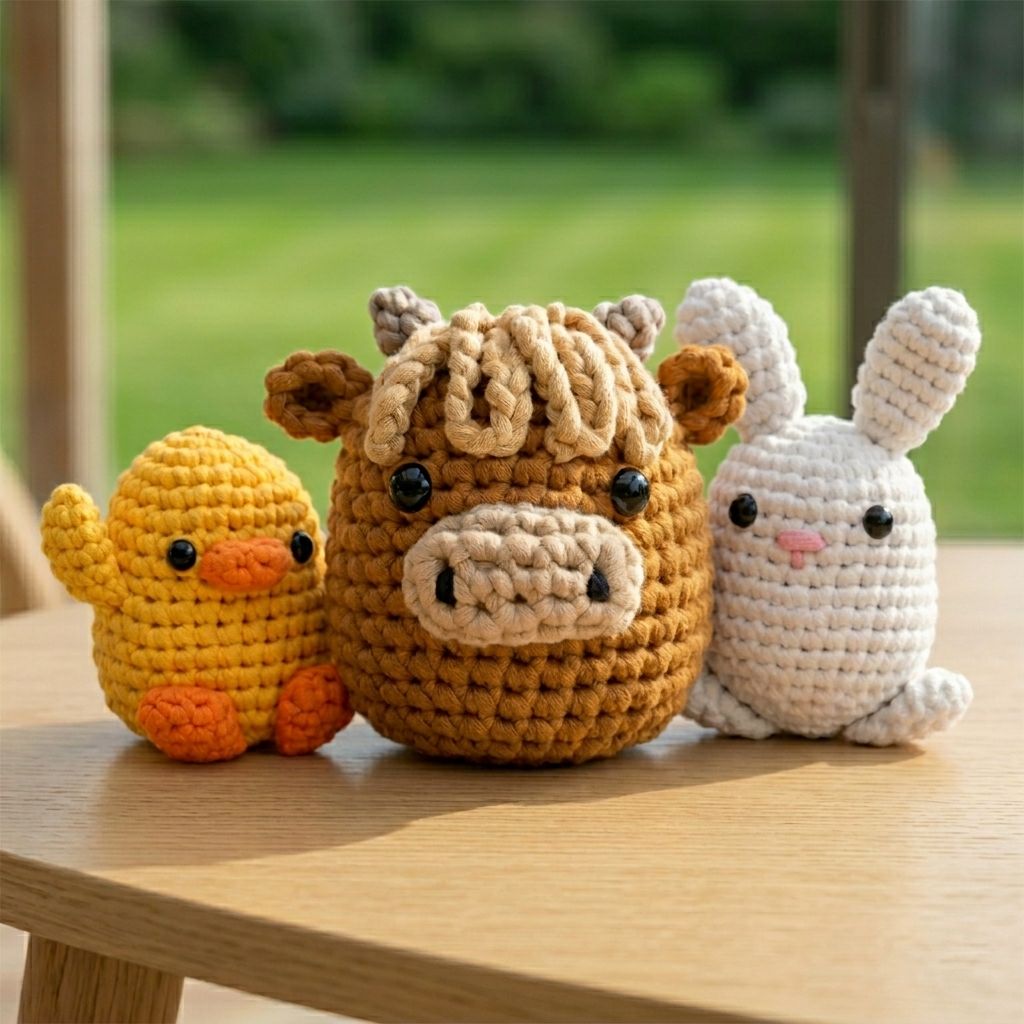Three crocheted amigurumi animals, a chick, a highland cow, and a bunny, sit on a wooden table.