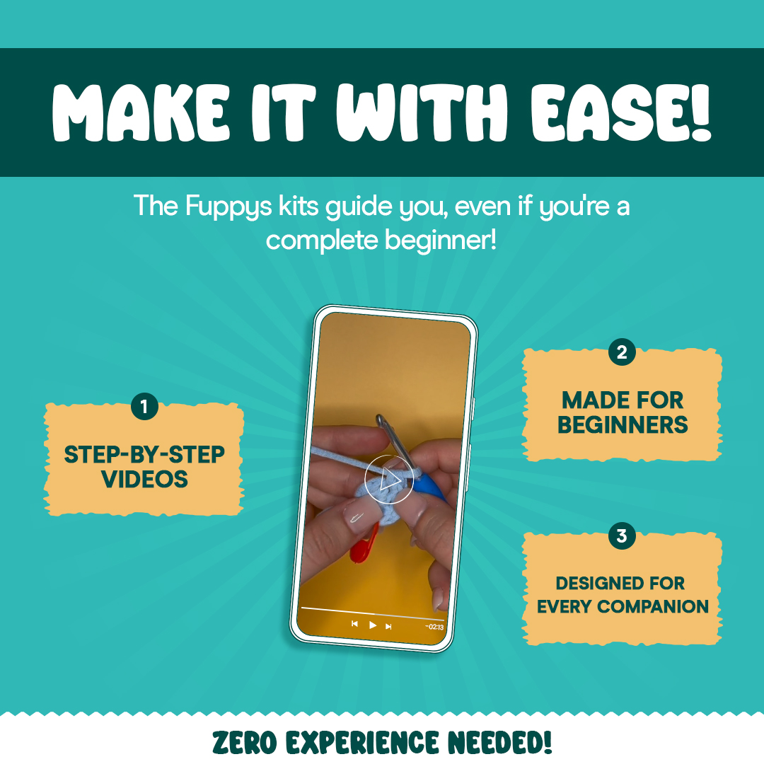 An advertisement for crochet kits showing a tutorial video on a smartphone, with text highlighting its features.
