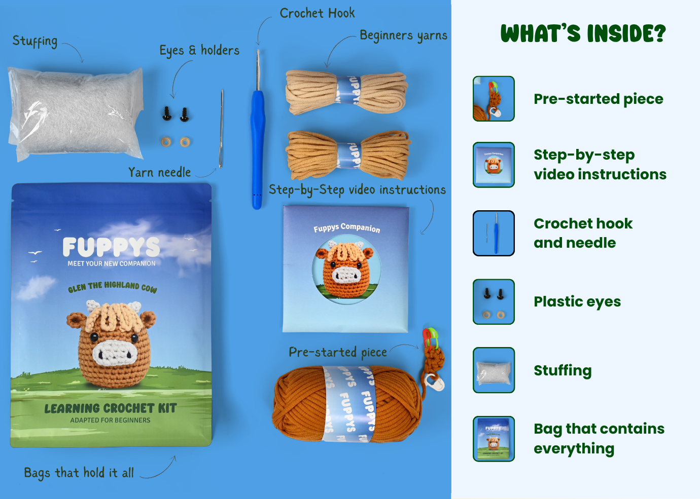 The contents of a Fuppys beginner crochet kit to make a highland cow laid out on display.