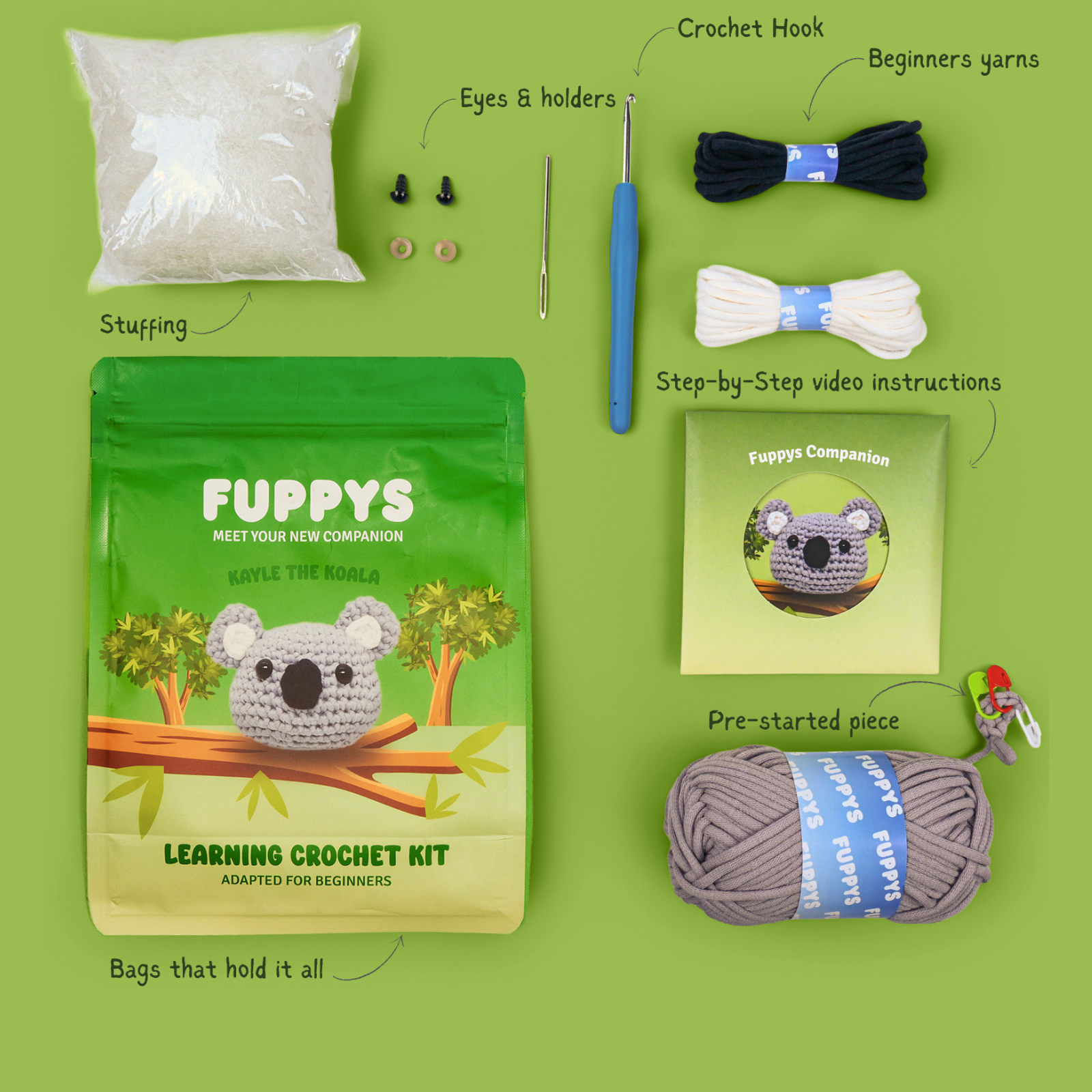 A beginner's crochet kit for making a koala laid out on a green background with all items labeled.