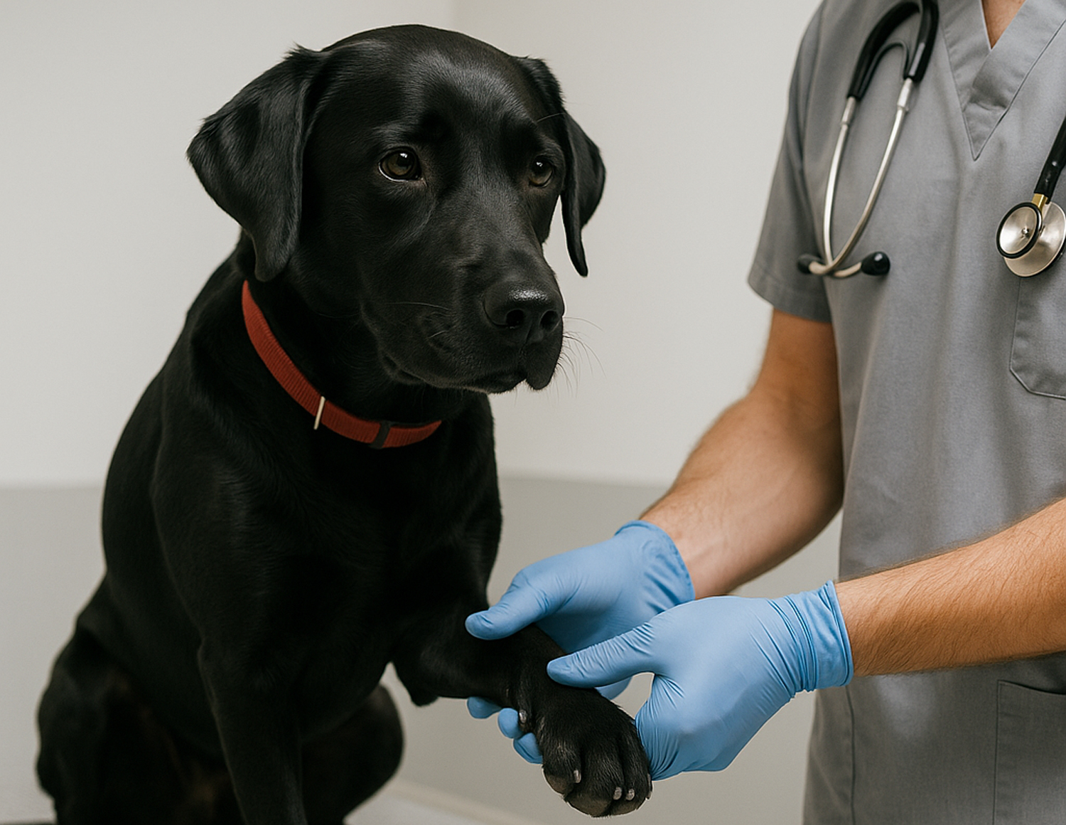 Black dog with a red collar being examined by a person in gloves.