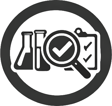 A circular icon of lab flasks, a checklist, and a magnifying glass with a checkmark.