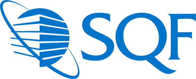 Blue logo with 'SQF' next to a globe and striped design.