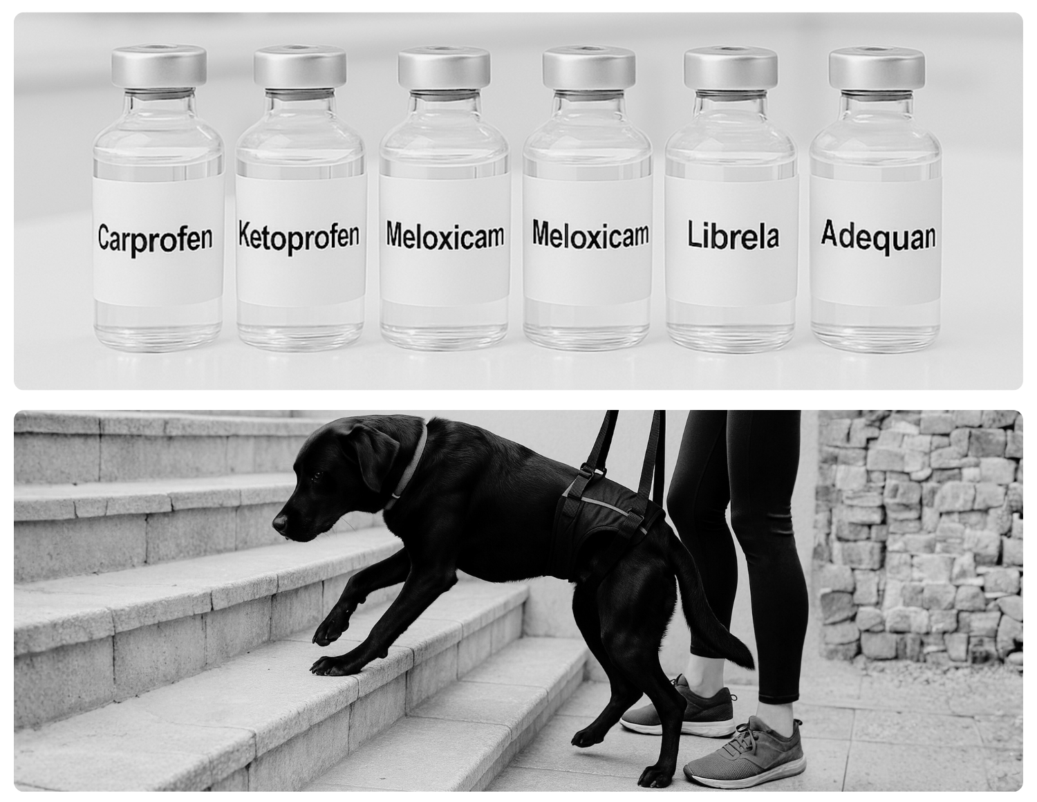 Six medicine vials and a black dog climbing stairs with a person.