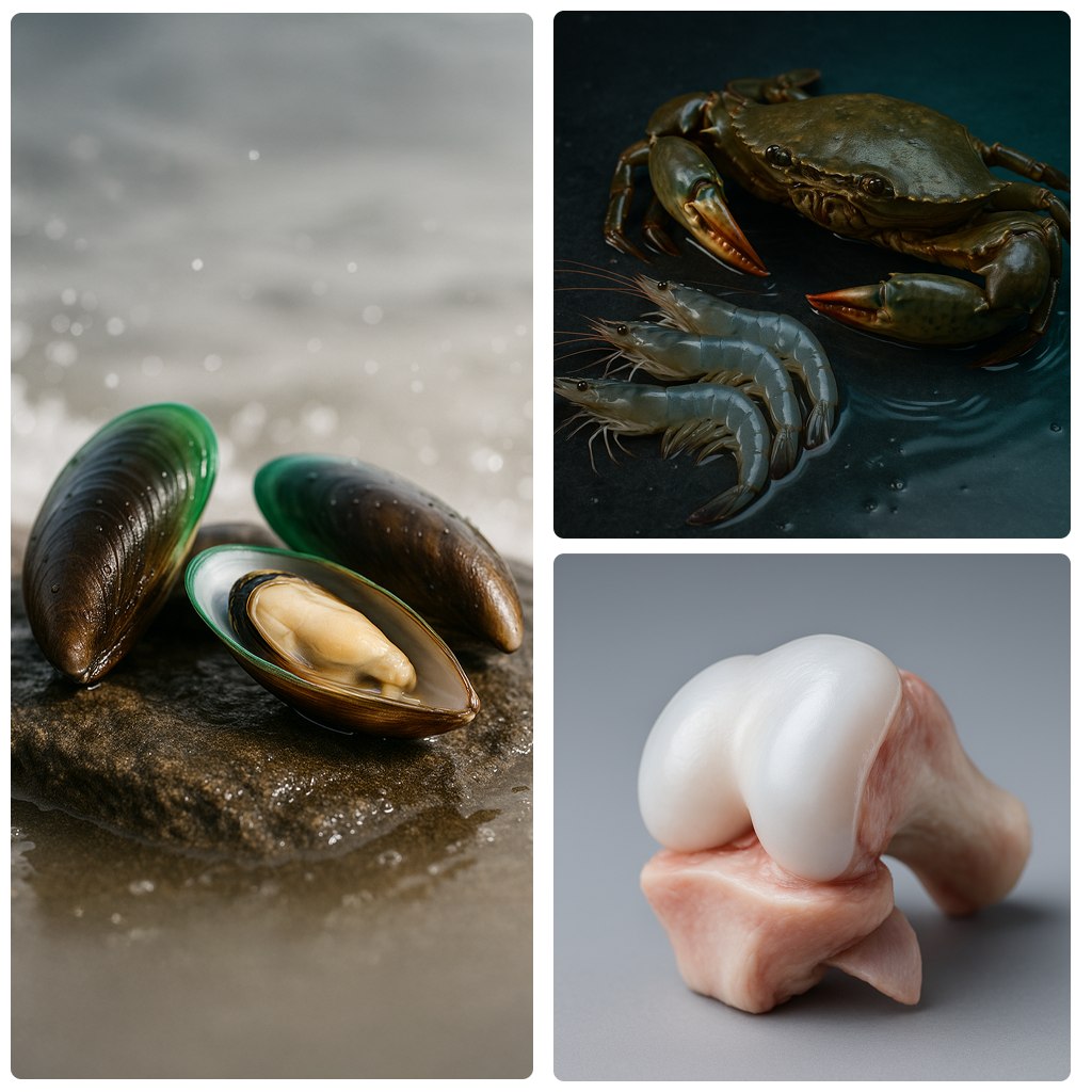 A collage of mussels on a rock, a crab and shrimp, and a model of a knee joint.