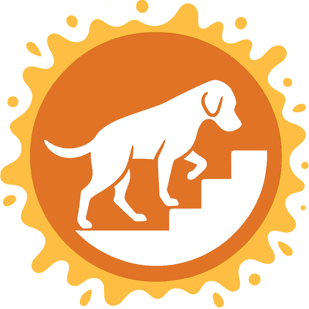 Silhouette of a dog climbing stairs inside an orange circle with a sunburst border.