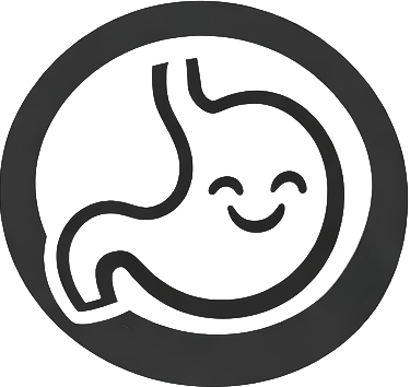 A black and white circular icon of a happy, smiling stomach.