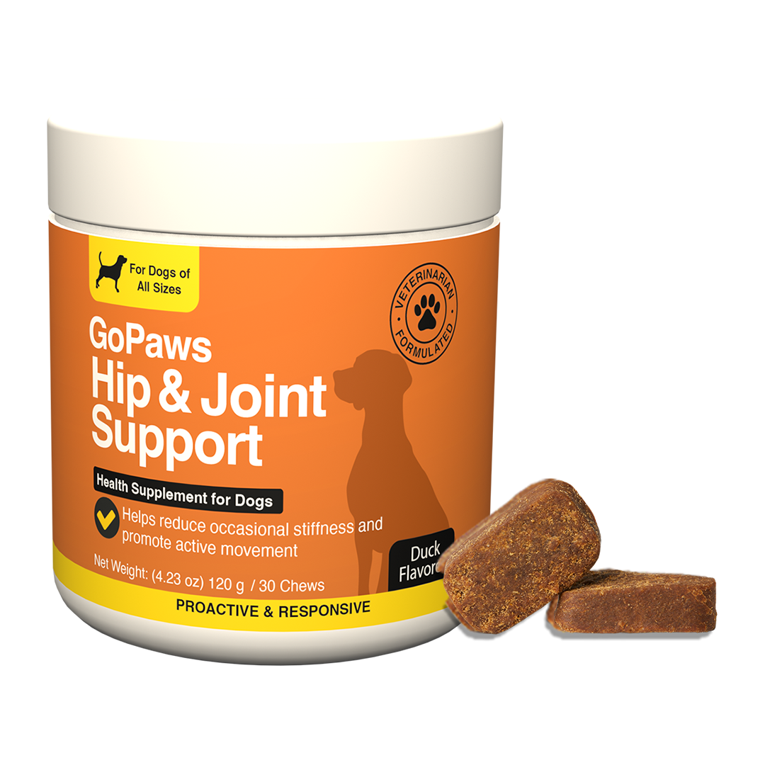 Dog hip and joint support supplement container with duck flavor chews.
