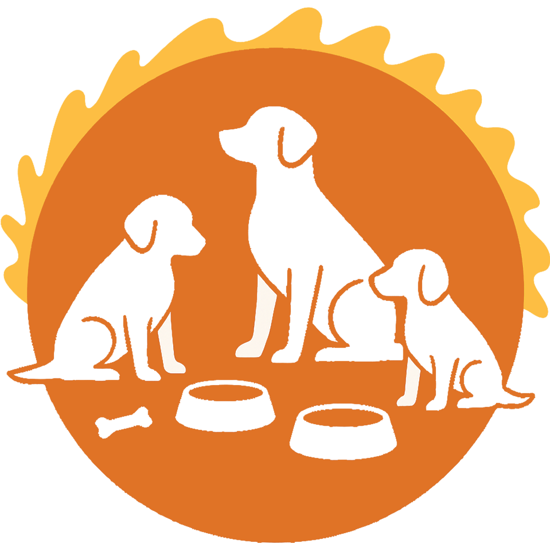 Silhouettes of three dogs and food bowls on an orange background.