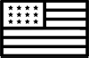 A grayscale, stylized American flag with ribbon-like edges.