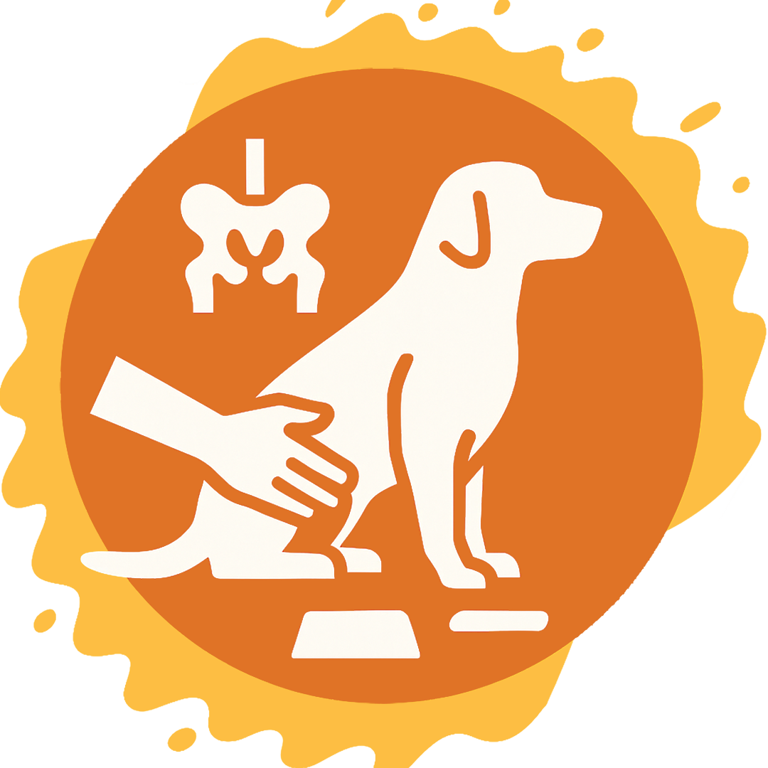 Illustration of a hand petting a dog with a hip bone symbol.