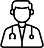 A grayscale icon of a doctor with a stethoscope.