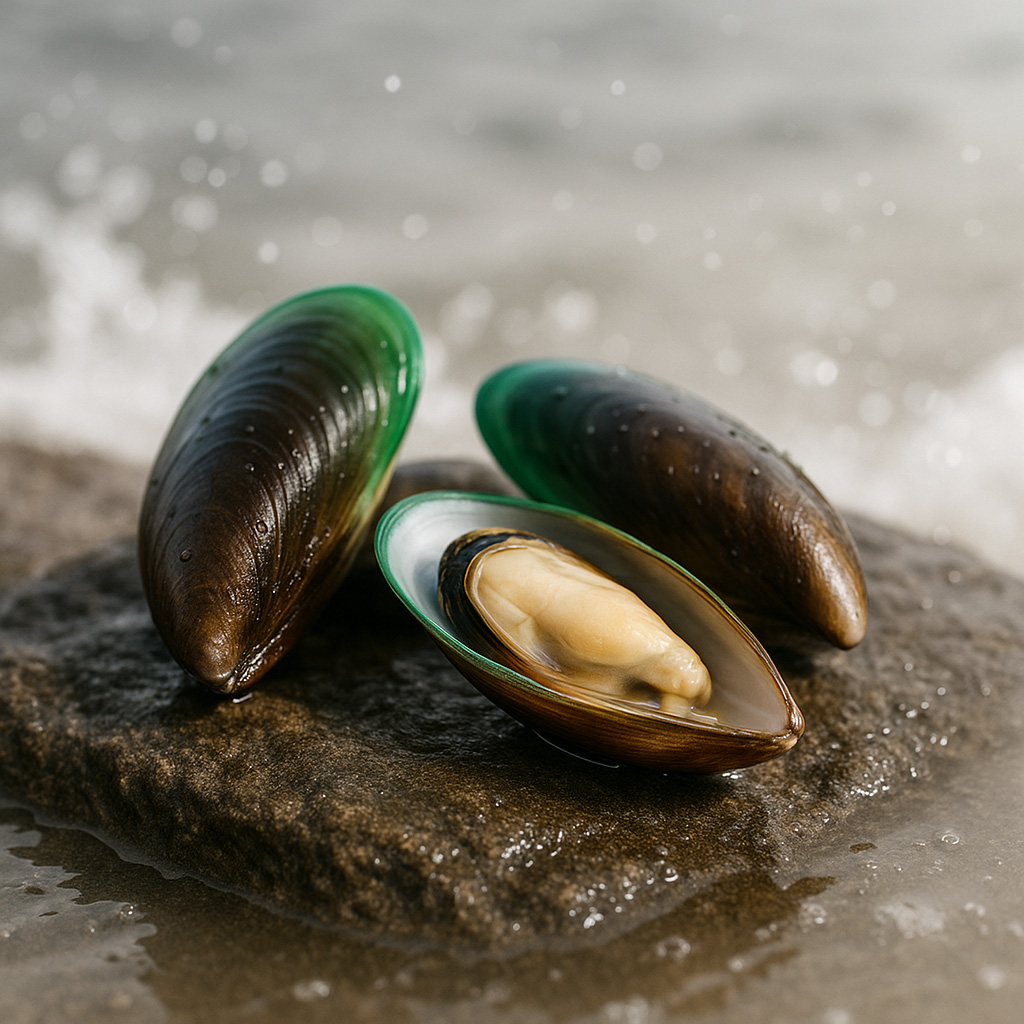 Three mussels on a wet rock by the sea.
