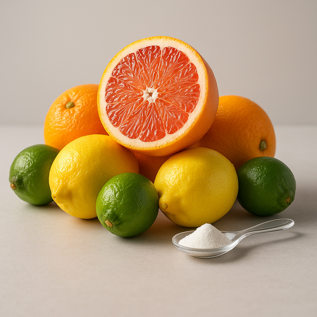 Assorted citrus fruits with a spoonful of white powder on a table.